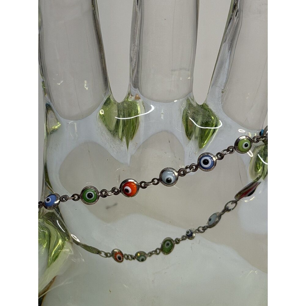 Vintage 925 Sterling Silver Evil Eye Glass Bead Evil Eye Bracelet 7"